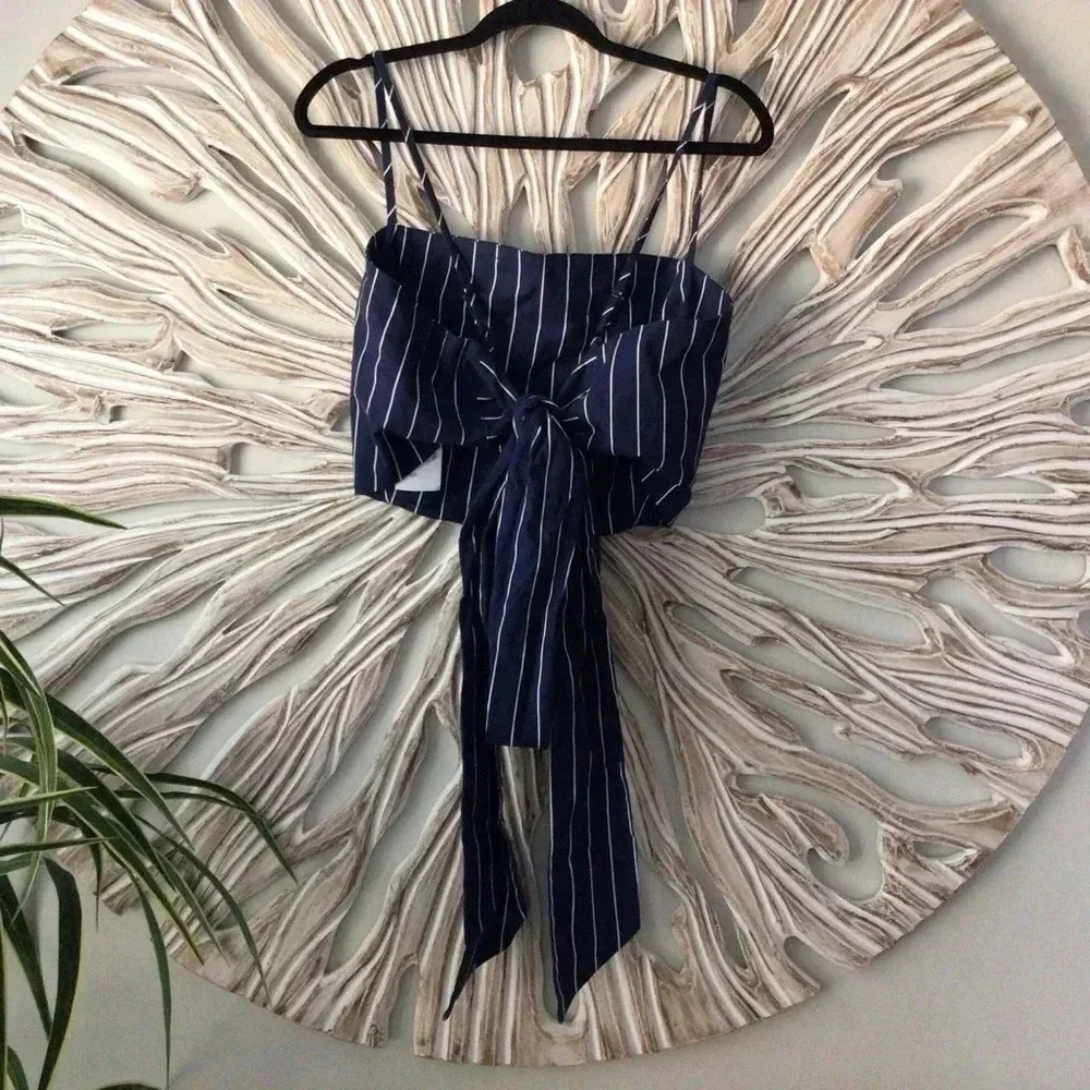 Wayf Striped Linen Mix Navy Top - Picture 2 of 4